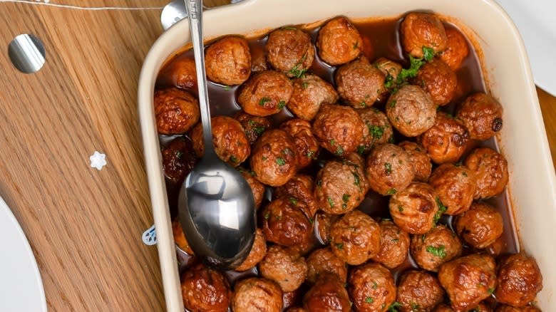 casserole dish full of Cooked Perfect Meatballs