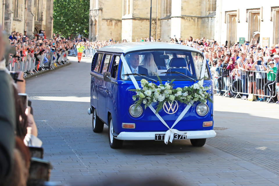 Ellie Goulding arrives at York Minster in a VW campervan for her wedding to Caspar Jopling. (Photo by Peter Byrne/PA Images via Getty Images)