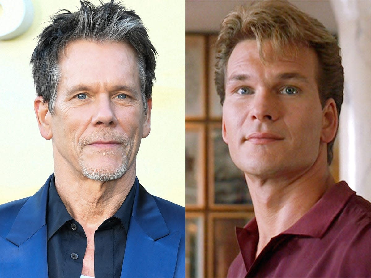 A composite image of Kevin Bacon, left, at the premiere of "Beverly Hills Cop: Axel F" in June 2024 and Patrick Swayze, right, as Sam in the film "Ghost."