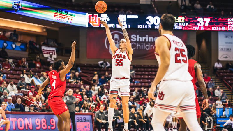 Utah’s Gabe Madsen (55) shoots the ball against Houston during the Charleston Classic in Charleston, S.C., Friday, Nov. 17, 2023. Madsen scored a career-high 29 points as the Runnin’ Utes lost to the No. 6 Cougars, 76-66.