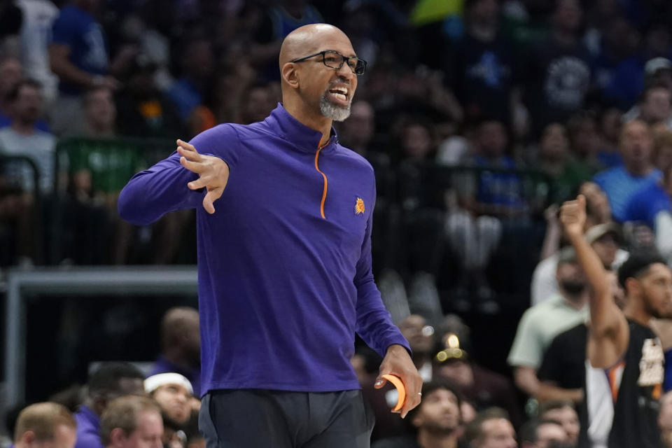 Phoenix Suns head coach Monty Williams signals to his players during the first half of Game 6 of an NBA basketball second-round playoff series against the Dallas Mavericks, Thursday, May 12, 2022, in Dallas. (AP Photo/Tony Gutierrez)