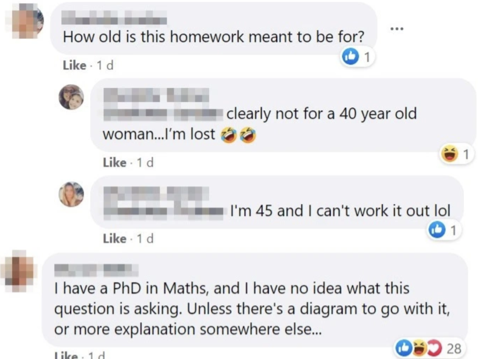 People were left seriously confused by the maths question, even someone with a PhD in maths was unable to come up with an answer. Photo: Facebook