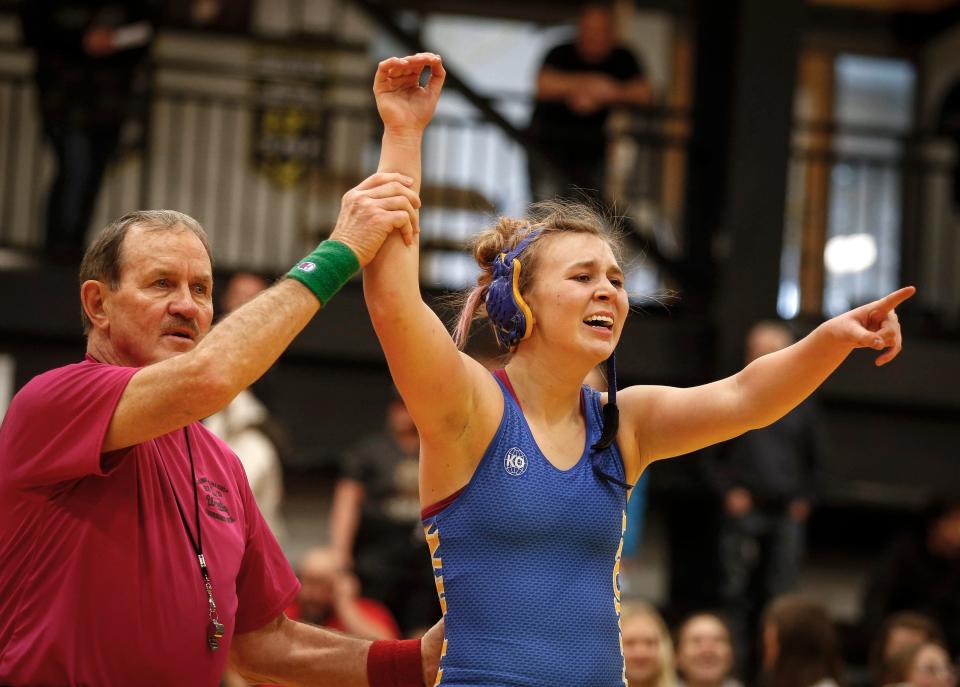 Humboldt's Kendal Clark won an IWCOA girls' state wrestling title in 2020. She is one of 21 Humboldt wrestlers to win an individual state championship.