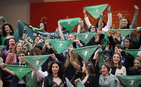 72nd Cannes Film Festival - Screening of the documentary film "Que Sea Ley" (Let it be law) presented as part of special screenings - Cannes, France, May 18, 2019. Protesters demonstrate against the rejection of the law legalizing abortion in Argentina. REUTERS/Jean-Paul Pelissier