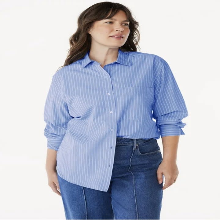 A blue striped button down shirt