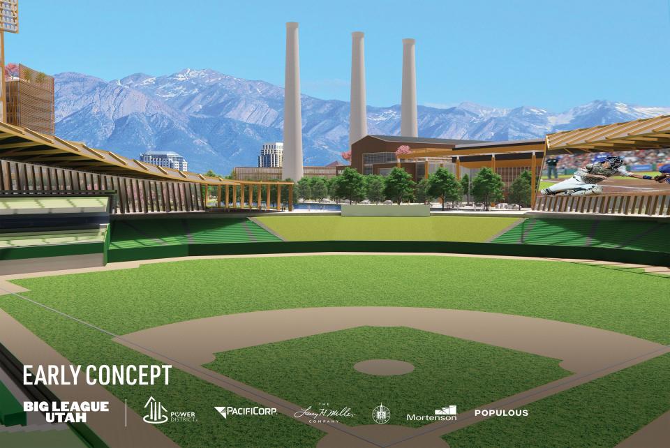 Renderings released Wednesday, April 12, 2023, depict what a new Major League Baseball stadium could look like in the Power District located on North Temple in Salt Lake City, according to Big League Utah, a group described as a “broad community coalition led by the Miller family.” | Big League Utah
