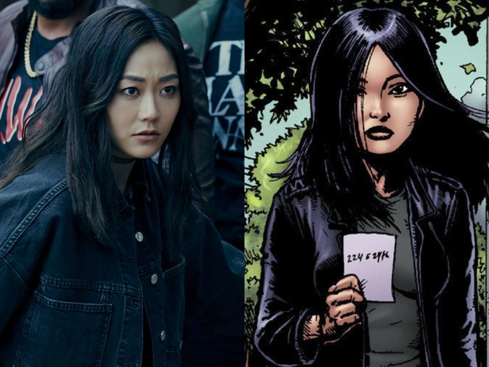 On the left: Karen Fukuhara as Kimiko in season three of "The Boys." On the right: The Female in the comics.