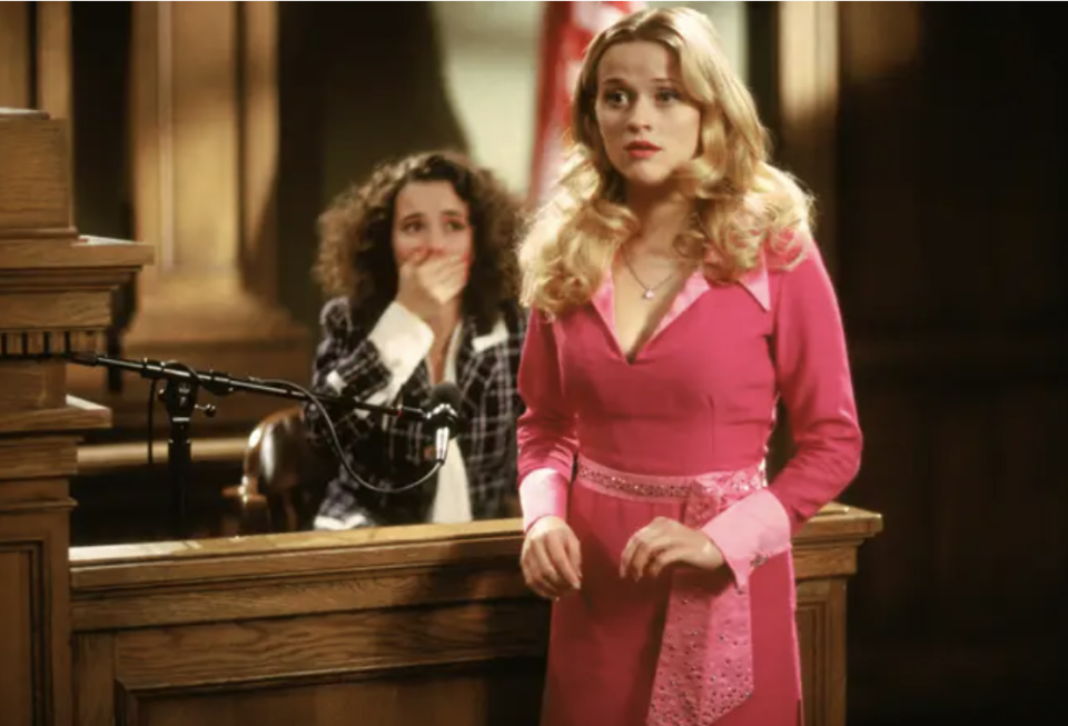 Screenshot from "Legally Blonde" of reece in the courtroom