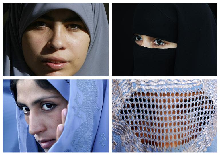 Muslim women wearing various type of Islamic veils (closewise from top left): a hijab; a niqab; a burqa and a tchador