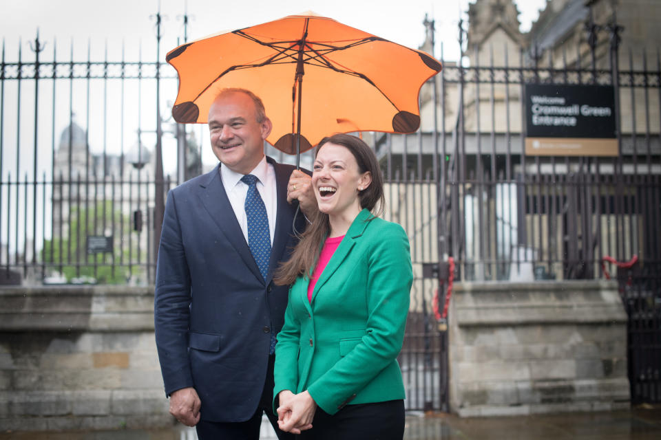 <p>Newly elected Liberal Democrat MP for Chesham and Amersham, Sarah Green is welcomed to the House of Commons by party leader, Sir Ed Davey in Westminster, London. Picture date: Monday June 21, 2021.</p>
