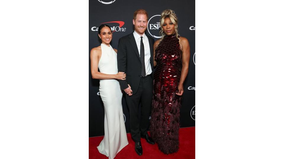  (L-R) Meghan, Duchess of Sussex, Prince Harry, Duke of Sussex and Serena Williams attend the 2024 ESPY Awards