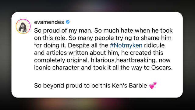 Eva Mendes Is “So Proud” Of Ryan Gosling's 'Barbie' Oscar Nom; Calls Out  Initial Criticism Over Ken Casting - Yahoo Sports