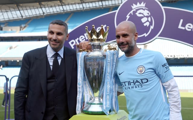 Pep Guardiola, right, will discuss the prospect of a new deal with Manchester City chairman Khaldoon Al Mubarak, left 