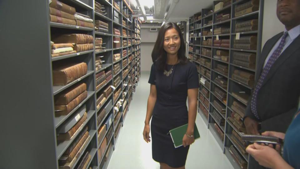 Boston Mayor Michelle Wu visits the Boston Public Library on Tuesday as the BPL completes renovation of its Special Collections Department