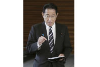Japan’s Prime Minister Fumio Kishida speaks to reporters about a notification by North Korea, at his office in Tokyo Monday, May 29, 2023. North Korea has notified neighboring Japan that it plans to launch a satellite in coming days, which may be an attempt to put Pyongyang's first military reconnaissance satellite into orbit. (Kyodo News via AP)