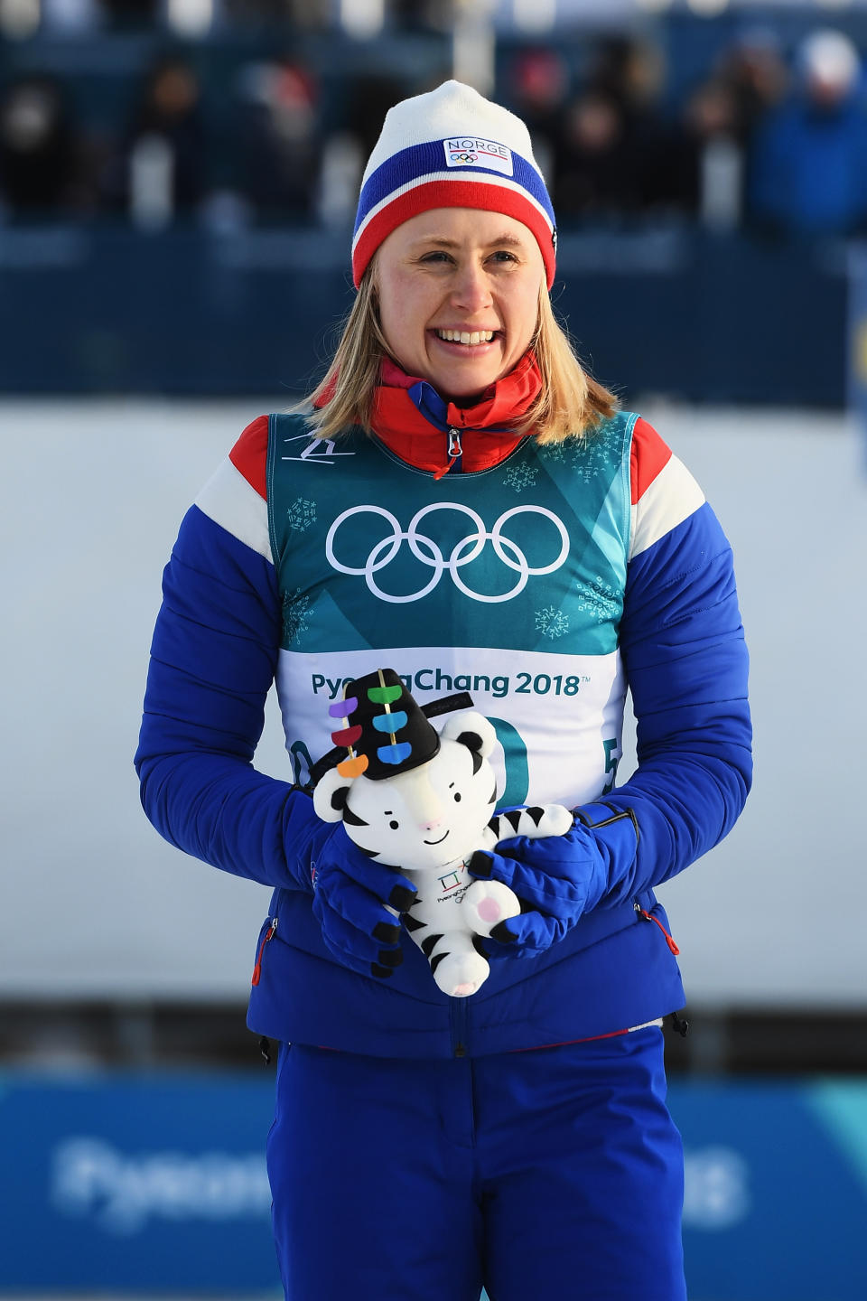 <p>Ragnhild Haga of Norway celebrates wining the gold medal in the cross-country skiing ladies 10k free. Charlotte Kalla of Sweden won the silver, while Marit Bjoergen of Noway and Krista Parmakoski won joint bronze. (Getty) </p>