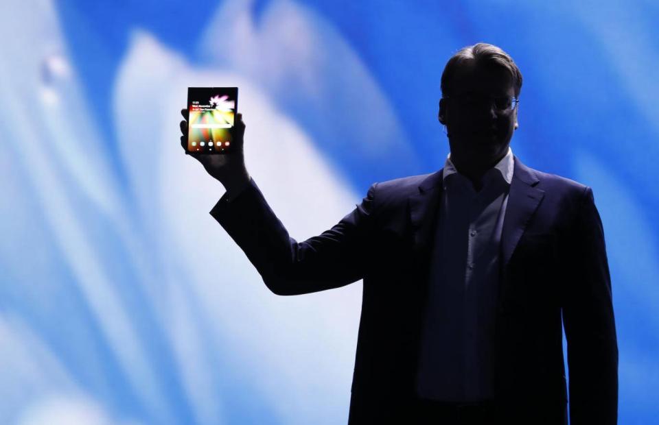 Justin Denison, Samsung Electronics senior vice president of Mobile Product Marketing, speaks during the unveiling of Samsung's new foldable screen smart phone (REUTERS/Stephen Lam)