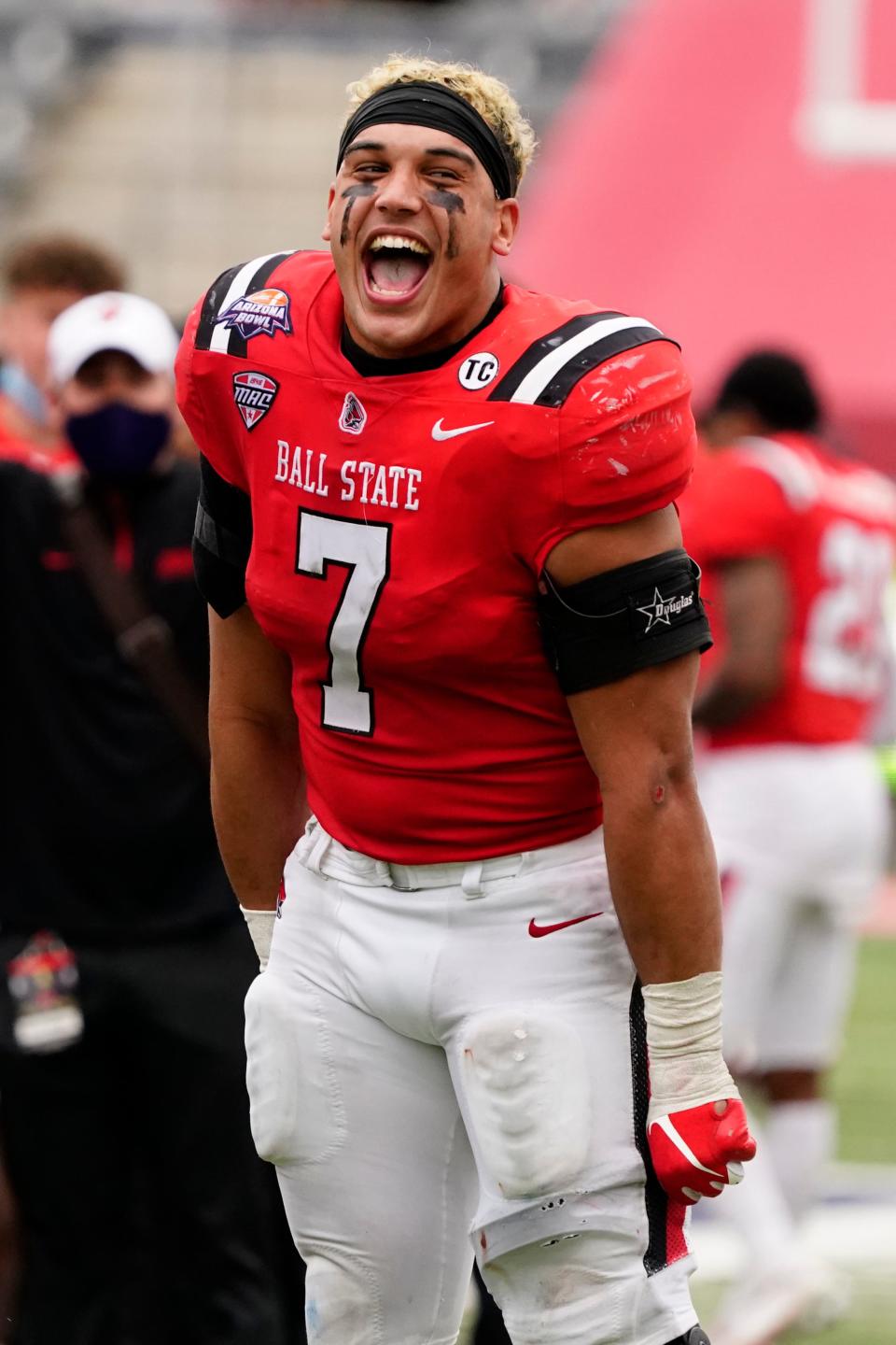 Ball State linebacker Brandon Martin celebrates after Ball State defeated San Jose State 34-13 during the Arizona Bowl NCAA college football game Thursday, Dec. 31, 2020, in Tucson, Ariz. (AP Photo/Rick Scuteri)