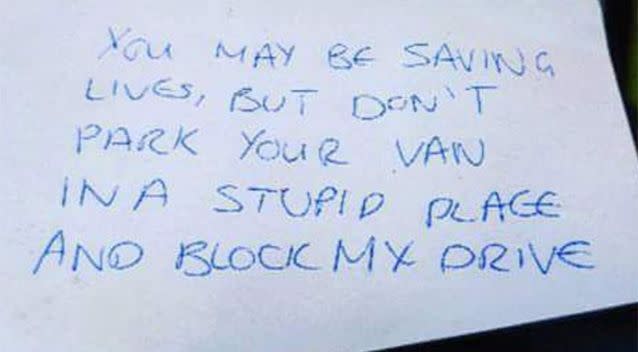 The note was left after nearby resident Hassan Shabbir couldn't reach his driveway. Source: Twitter