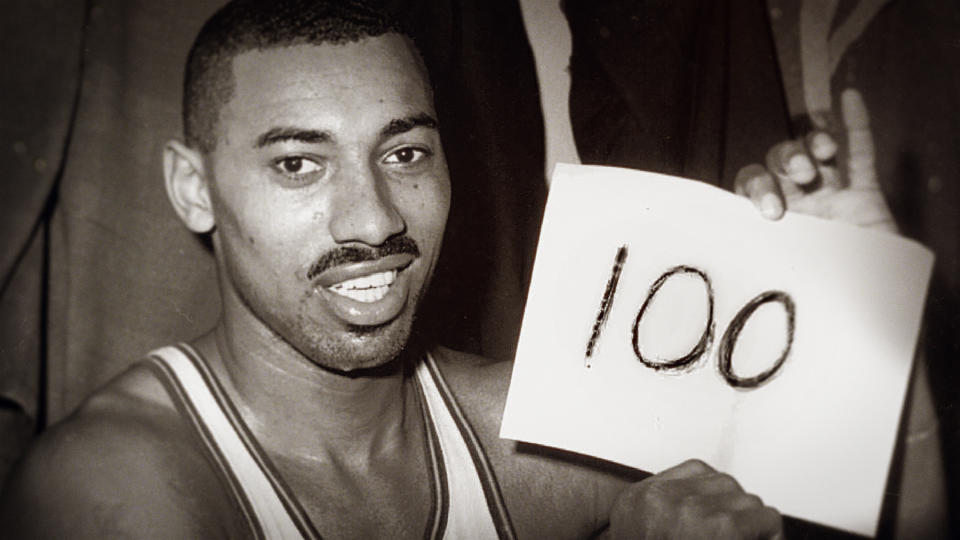 Wilt Chamberlain celebrates his 100-point game in 'Goliath.'