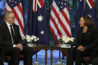 U.S. Vice President Kamala Harris, right, holds a bilateral meeting with Australia's Prime Minister Anthony Albanese in Tokyo, Tuesday, Sept. 27, 2022. (Leah Millis/Pool Photo via AP)