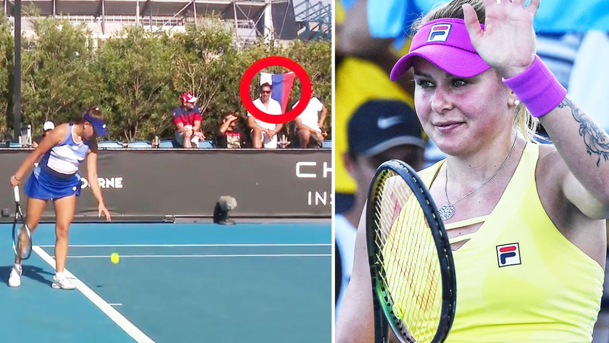 A fan, pictured here displaying a Russian flag during Kamilla Rakhimova's clash with Kateryna Baindl at the Australian Open.