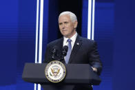 Vice President Mike Pence speaks at Passion City Church during a memorial service for Ravi Zacharias on Friday, May 29, 2020, in Atlanta. (AP Photo/Brynn Anderson)