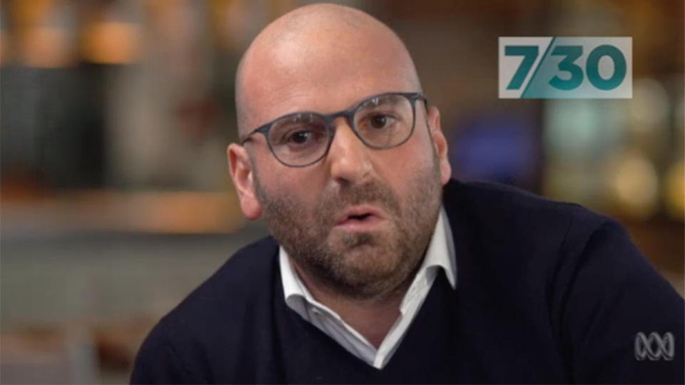 George Calombaris on ABC's 7:30 holding back tears while talking about wage theft scandal