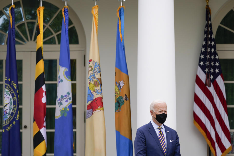 President Joe Biden listens during an event in the Rose Garden about the American Rescue Plan, a coronavirus relief package, of the White House, Friday, March 12, 2021, in Washington. (AP Photo/Alex Brandon)