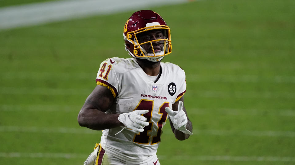 Washington Football Team running back J.D. McKissic (41) against the San Francisco 49ers during the first half of an NFL football game, Sunday, Dec. 13, 2020, in Glendale, Ariz. (AP Photo/Rick Scuteri)