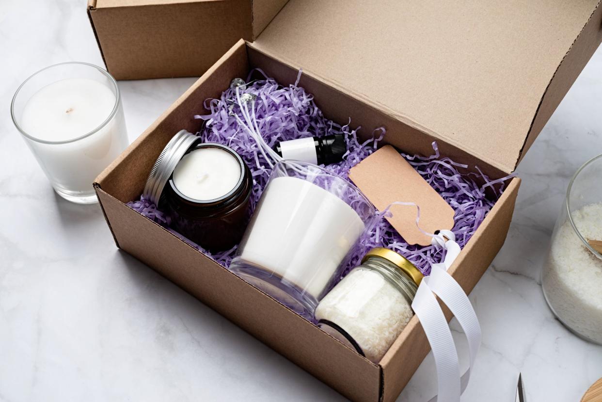 Candle DIY gift box with soy wax, candle, tag and essential oil for candle crafting. Hobbies and small business. Mockup