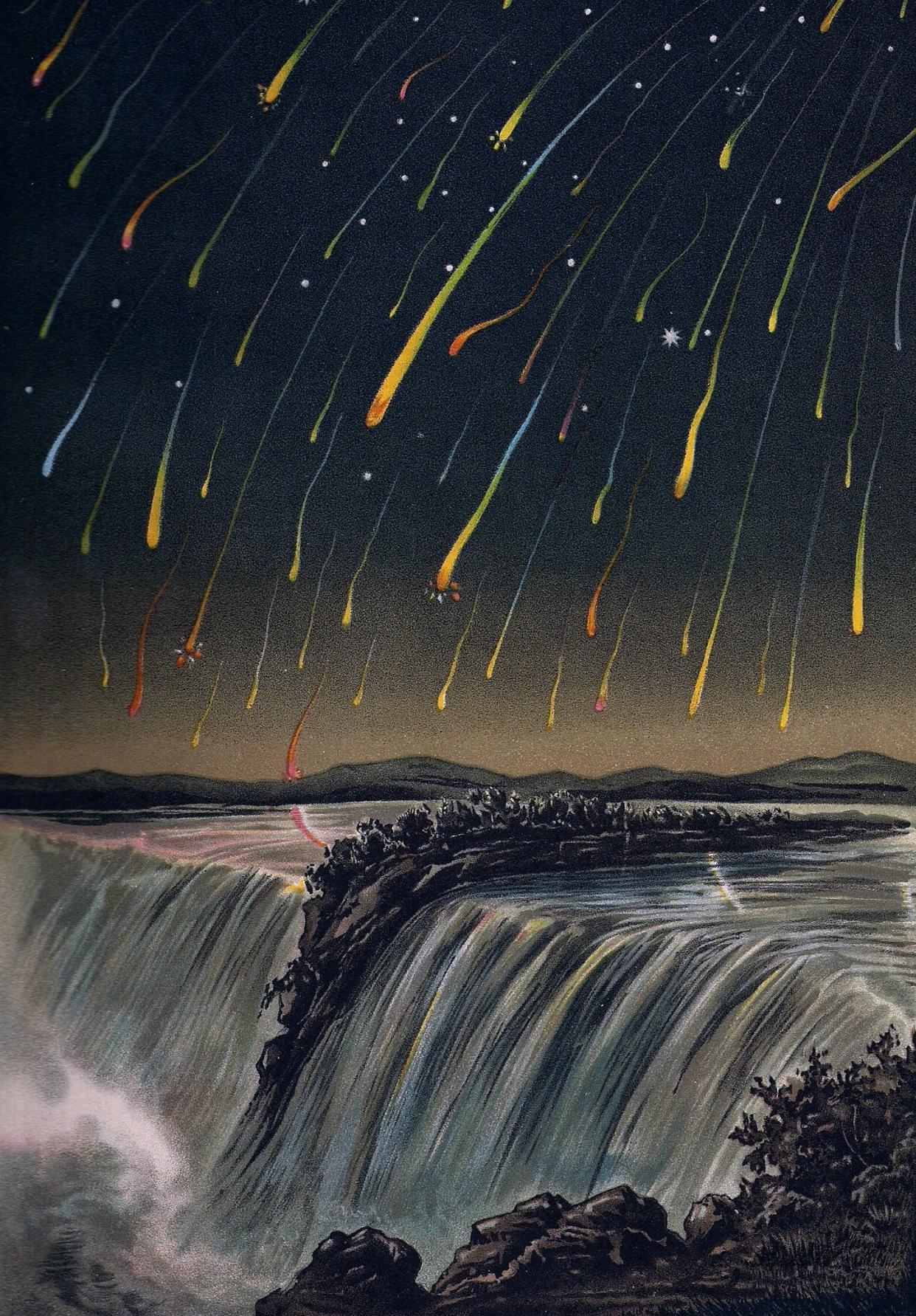 <span class="caption">The 1833 Leonid Meteor storm, as seen over Niagara Falls.</span> <span class="attribution"><a class="link " href="https://commons.wikimedia.org/wiki/File:Leonid_Meteor_Storm_1833.jpg" rel="nofollow noopener" target="_blank" data-ylk="slk:Edmund Weiß (1888);elm:context_link;itc:0;sec:content-canvas">Edmund Weiß (1888)</a></span>