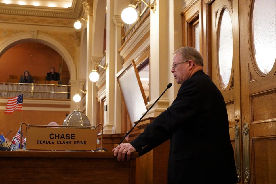 Rep. Roger Chase, R-Huron, speaks to the House of Representatives about a workforce housing infrastructure spending bill on Friday, Jan. 20.