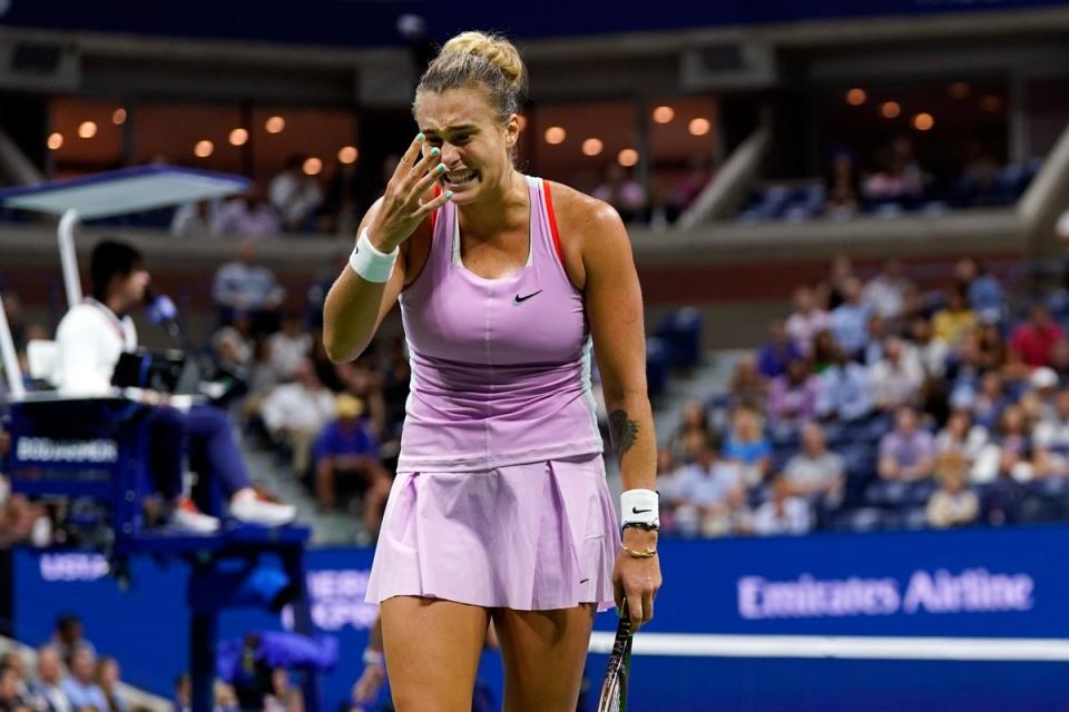 Aryna Sabalenka shows her frustration (John Minchillo/AP) (AP)