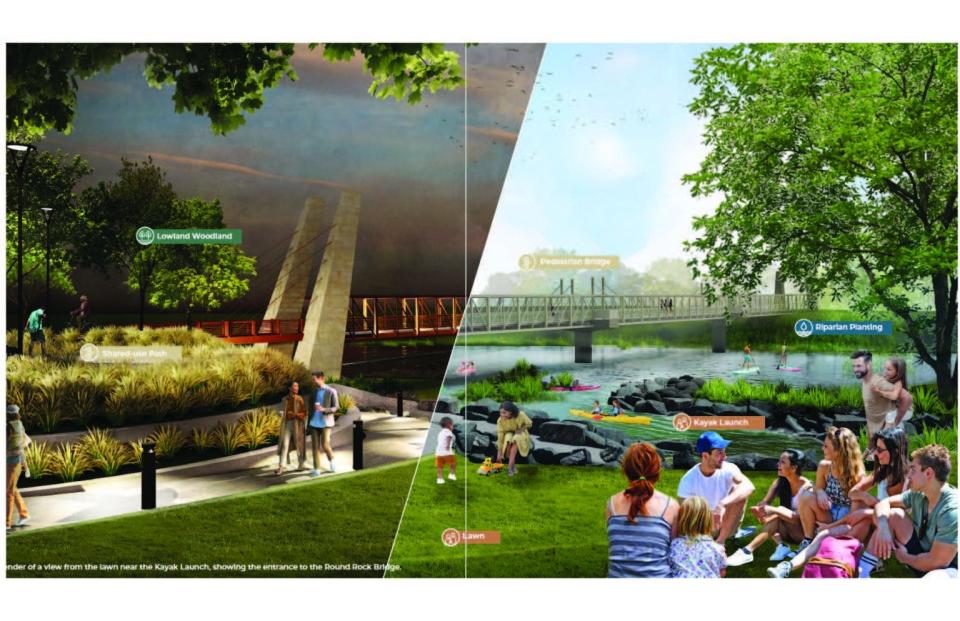 A rendering shows a planned pedestrian bridge to help residents get to and from Heritage Trail West and Veterans Park.