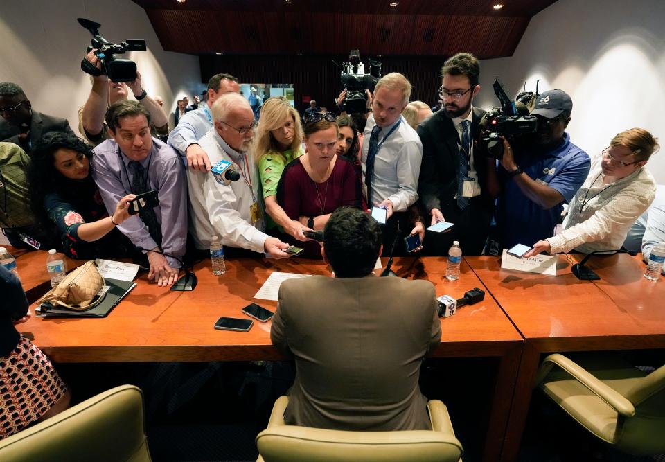 Sep 13, 2023; Columbus, OH, USA; Senate Majority Leader Rob McColley fields questions from the press following a meeting of the Ohio Redistricting Commission. 