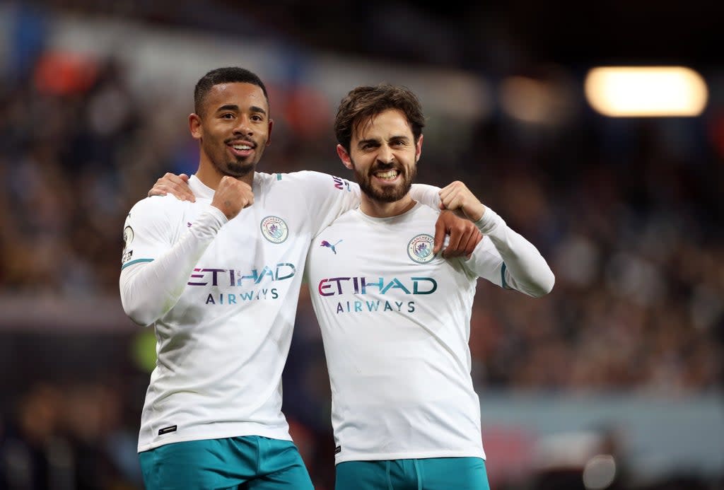 Manchester City’s Bernardo Silva (right) celebrates his goal at Aston Villa (Bradley Collyer/PA) (PA Wire)