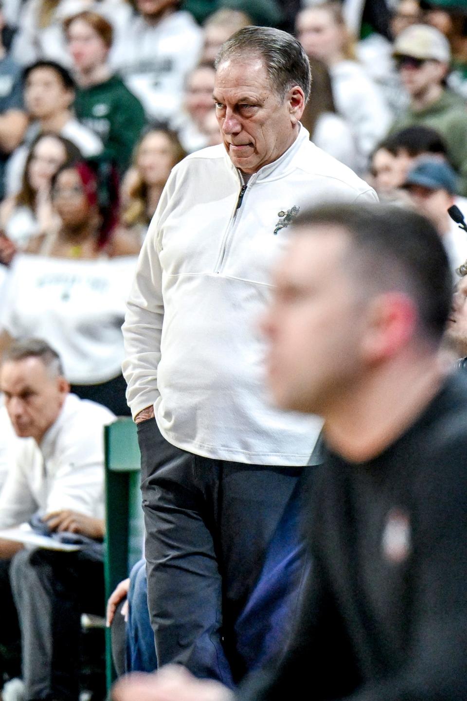 Michigan State's head coach Tom Izzo looks on during the first half in the game against Ohio State on Sunday, Feb. 25, 2024, at the Breslin Center in East Lansing.