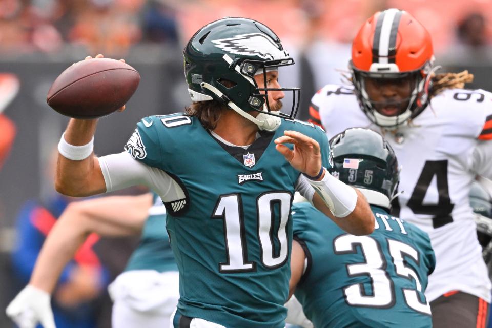 Philadelphia Eagles quarterback Gardner Minshew (10) looks to pass against the Cleveland Browns during the first half of an NFL preseason football game in Cleveland, Sunday, Aug. 21, 2022. (AP Photo/David Richard)