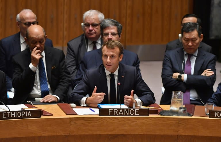 French President Emmanuel Macron, reflecting divisions with Washington, warns at a UN Security Council meeting that Iran policy cannot be reduced to sanctions and containment