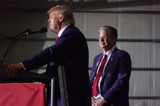 Former President Donald Trump endorses Matthew DePerno (R), who is running for the Michigan Republican party's nomination for state attorney general, during a rally on April 2, 2022, near Washington, Michigan. (Photo: Scott Olson via Getty Images)