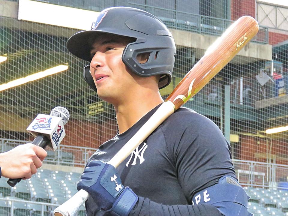 Anthony Volpe, the New York Yankees’ top prospect, speaks on the field during the Somerset Patriots’ media day earlier this year.