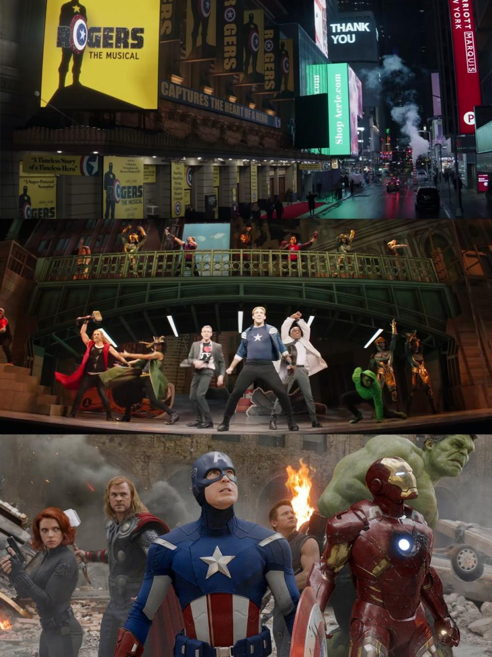 Actors dressed as the Avengers while performing on stage in a scene from the show "Hawkeye."