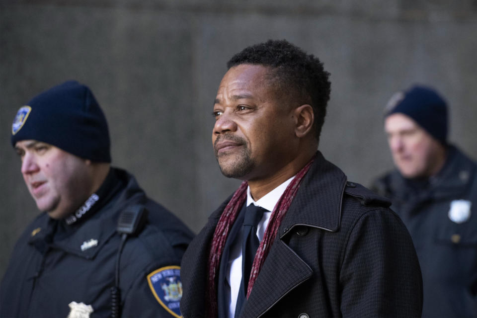 Cuba Gooding Jr. leaves court, Wednesday, Jan. 22, 2020, in New York. A New York City judge ruled that two additional women accusing Gooding of sexual misconduct will be allowed to testify at the "Jerry Maguire" actor's trial on charges he groped women at Manhattan bars in October 2018 and June 2019. (AP Photo/Mark Lennihan)