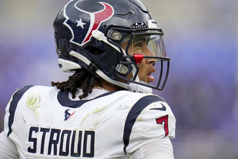 Houston Texans' C.J. Stroud looks up from the sidelines during the second half of an NFL football game against the Baltimore Ravens Sunday, Sept. 10, 2023, in Baltimore. (AP Photo/Julio Cortez)