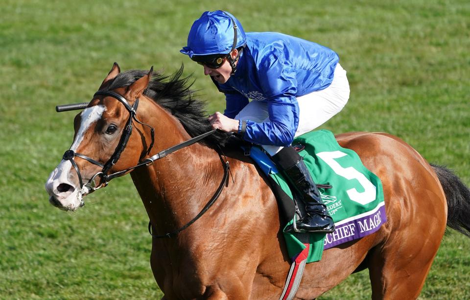 Mischief Magic, with William Buick up, wins the Breeders' Cup Juvenile Turf Sprint at Keeneland Race Course on Friday, November 4, 2022, in Lexington, Kentucky. 