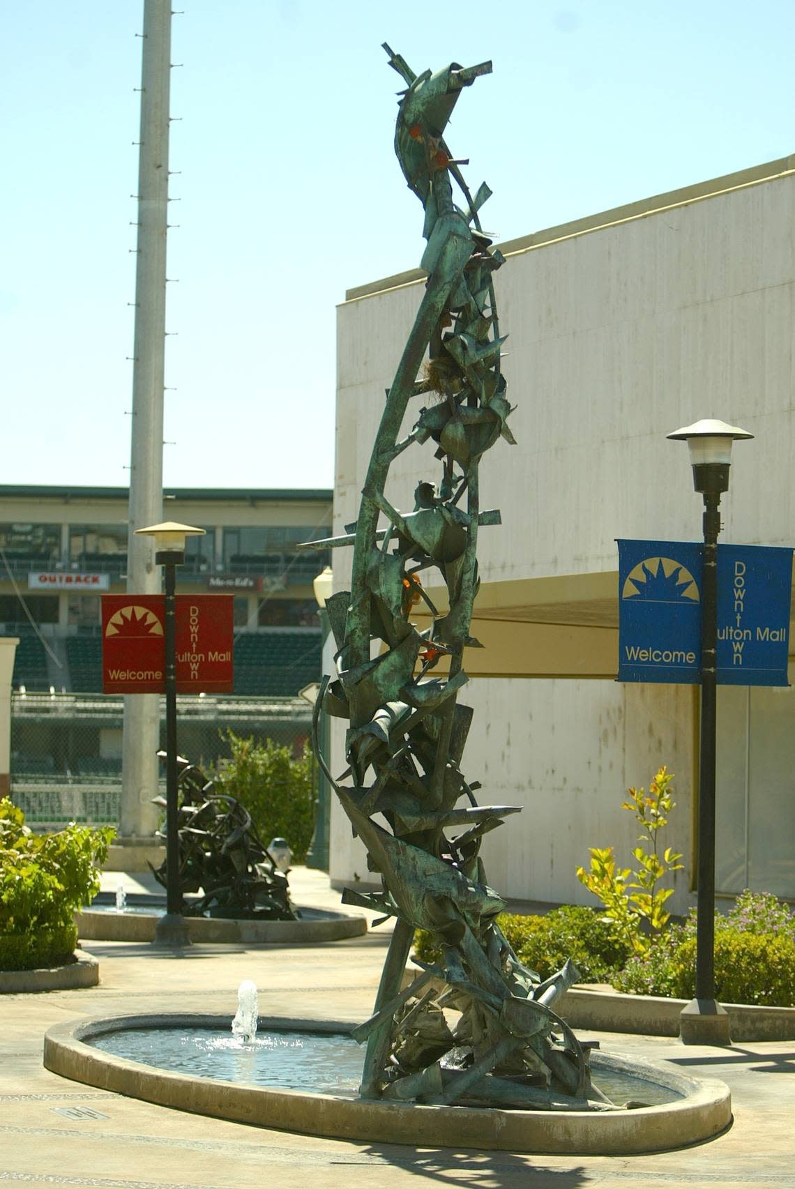 “Leaping Fires” by 20th century California artist Claire Falkenstein as seen in this undated file photo prior to the reopening of Fulton Street in downtown Fresno. All three copper and glass sculptures in Falkenstein’s “The Three Fires” series were severely damaged by vandals and metal thieves during the pandemic.