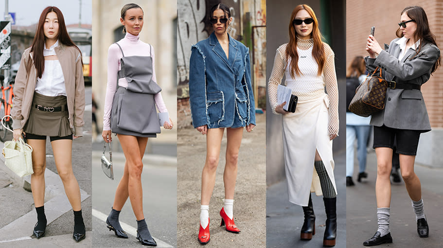 Left to right: A guest at Milan Fashion Week Fall 2023 (Photo by Vanni Bassetti/WWD via Getty Images); Nataly Osmann outside Prada, during the Milan Fashion Week Womenswear Fall/Winter 2023/2024 (Photo by Edward Berthelot/Getty Images); A guest outside Act N1 during the Milan Fashion Week Womenswear Fall/Winter 2023/2024 (Photo by Raimonda Kulikauskiene/Getty Images); A guest outside the MSGM show during the Milan Fashion Week Womenswear Fall/Winter 2023/2024 (Photo by Valentina Frugiuele/Getty Images); A guest outside Fendi, during the Milan Fashion Week Womenswear Fall/Winter 2023/2024 (Photo by Edward Berthelot/Getty Images).