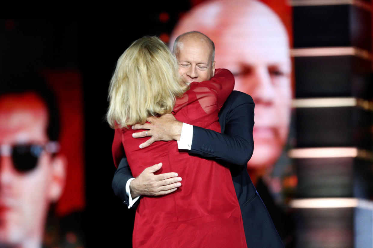 LOS ANGELES, CA - JULY 14:  Cybill Shepherd (L) and Bruce Willis speak onstage during the Comedy Central Roast of Bruce Willis at Hollywood Palladium on July 14, 2018 in Los Angeles, California.  (Photo by Frederick M. Brown/Getty Images)