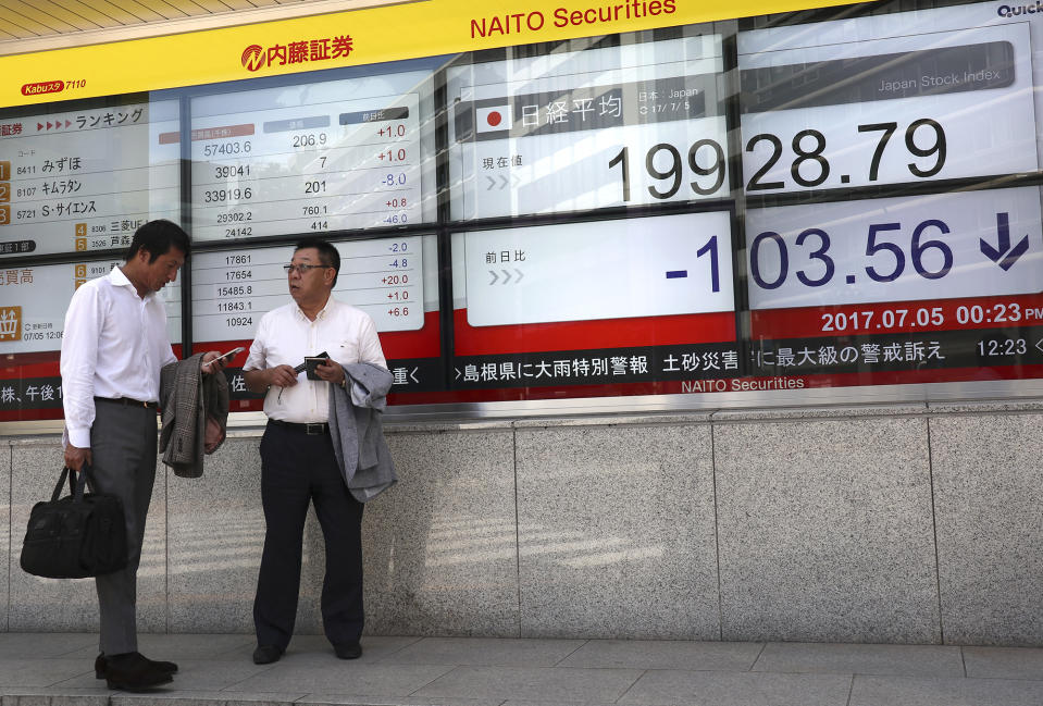 <p>A man uses a mobile phone in front of an electronic stock indicator of a securities firm in Tokyo, Wednesday, July 5, 2017. Asian shares were muted Wednesday as the geopolitical fallout from North Korea’s long-range missile launch weighed on investor sentiment amid trading thinned by the U.S. Independence Day holiday. (Photo: Shizuo Kambayashi/AP) </p>